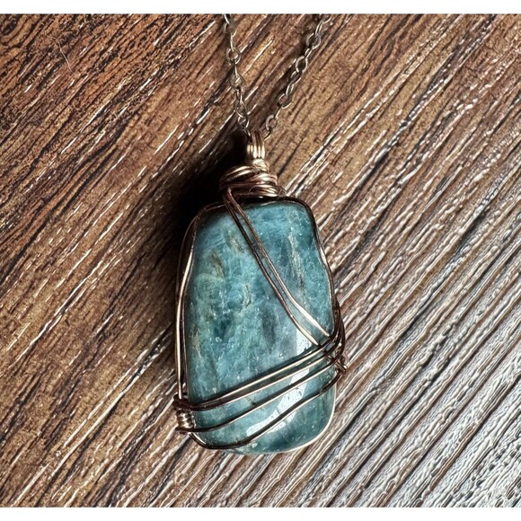 Blue Apatite Wire Wrapped Necklace Tumbled Gemstone Pendant Antiqued Brass - Picture 1 of 12